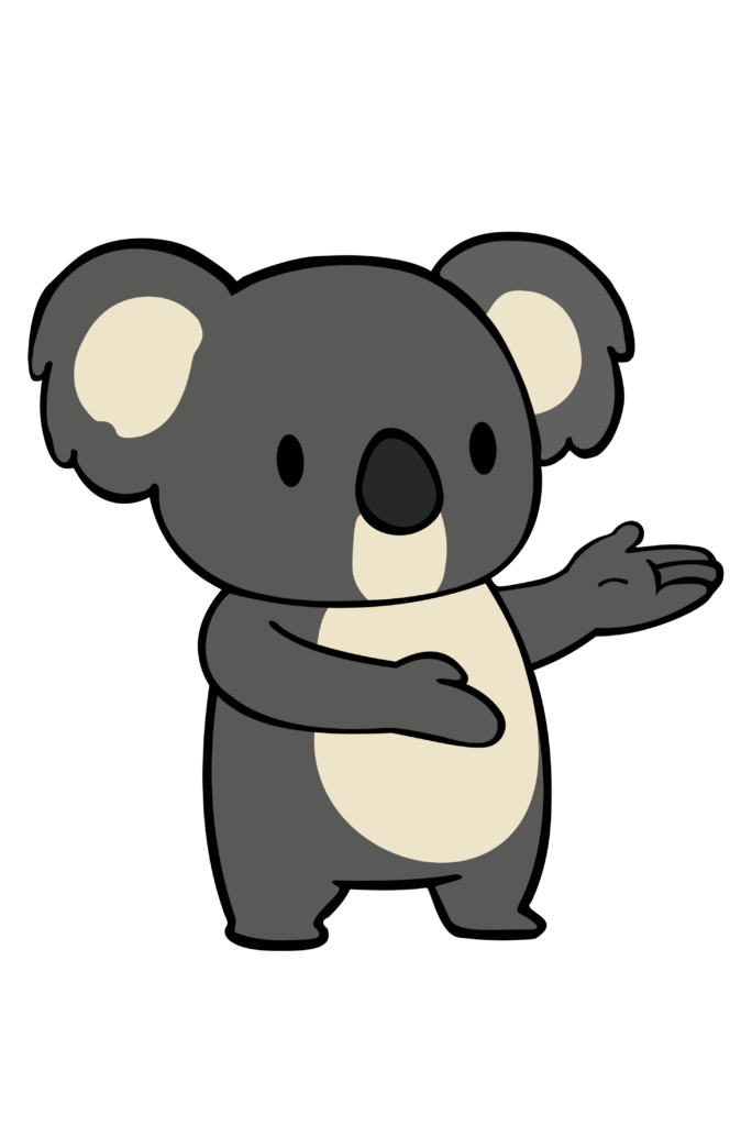 Ein niedlicher, grauer Koala zeigt mit einer Hand auf etwas, perfekt für eine App Store Optimierung.