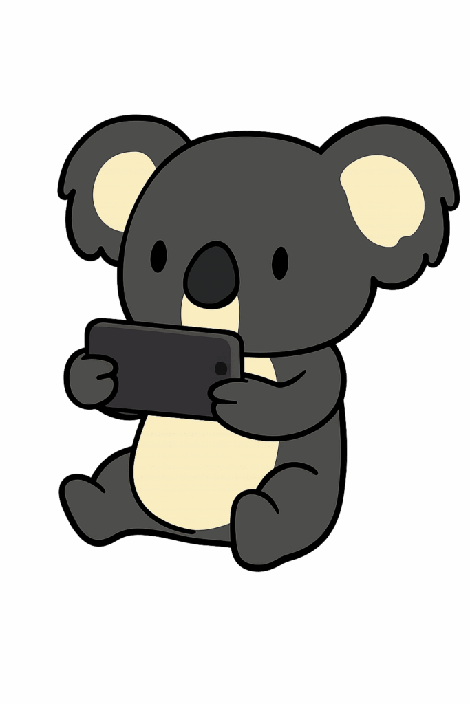 Ein niedlicher Koala spielt ein Handyspiel und genießt die Vorteile von App Store Optimierung.