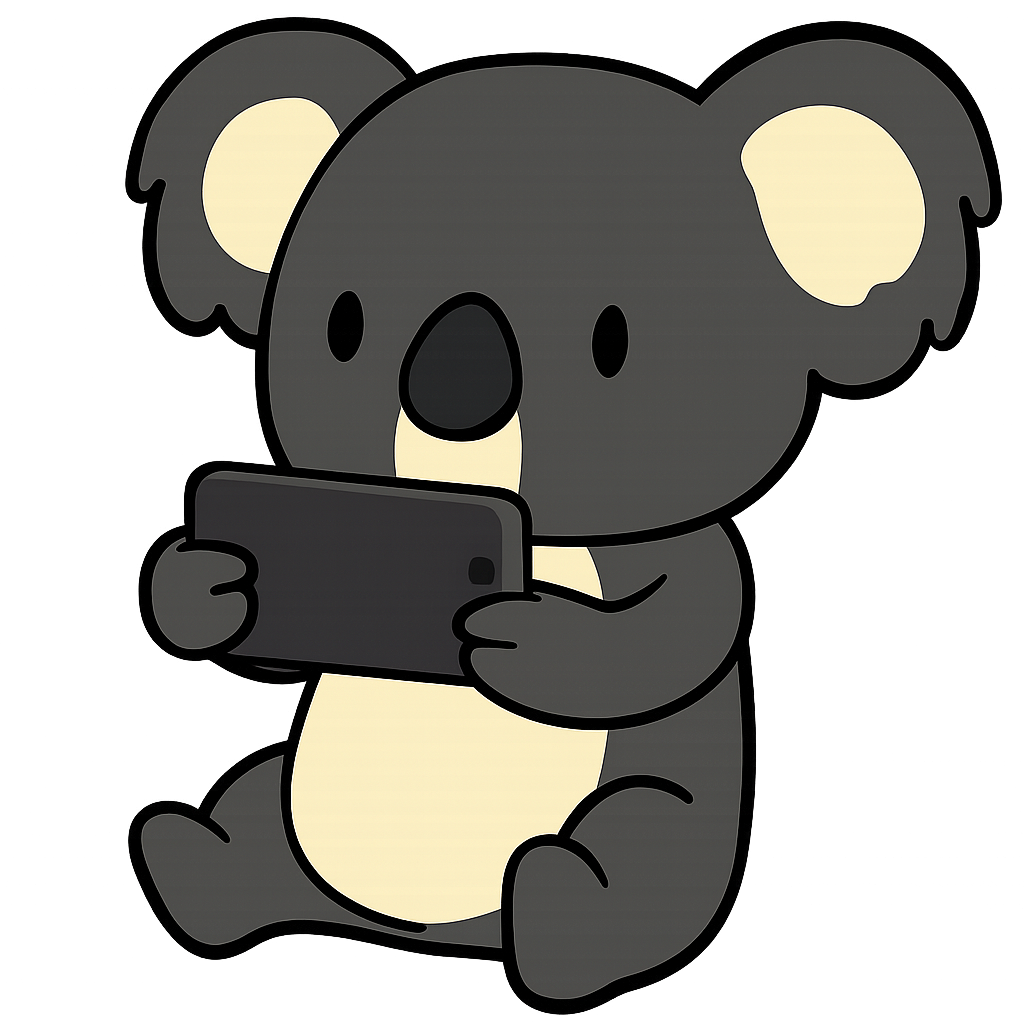 Ein niedlicher Koala spielt ein Handyspiel und genießt die Vorteile von App Store Optimierung.