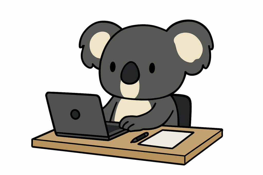 Ein Koala sitzt am Schreibtisch und arbeitet konzentriert an einem Laptop, um App Store Optimierung zu betreiben.