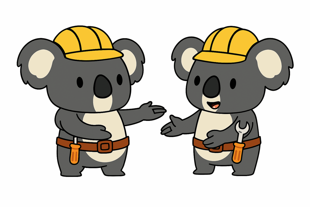 Zwei koalaartige Bauarbeiter mit gelben Helmen diskutieren Pläne für die App Store Optimierung.