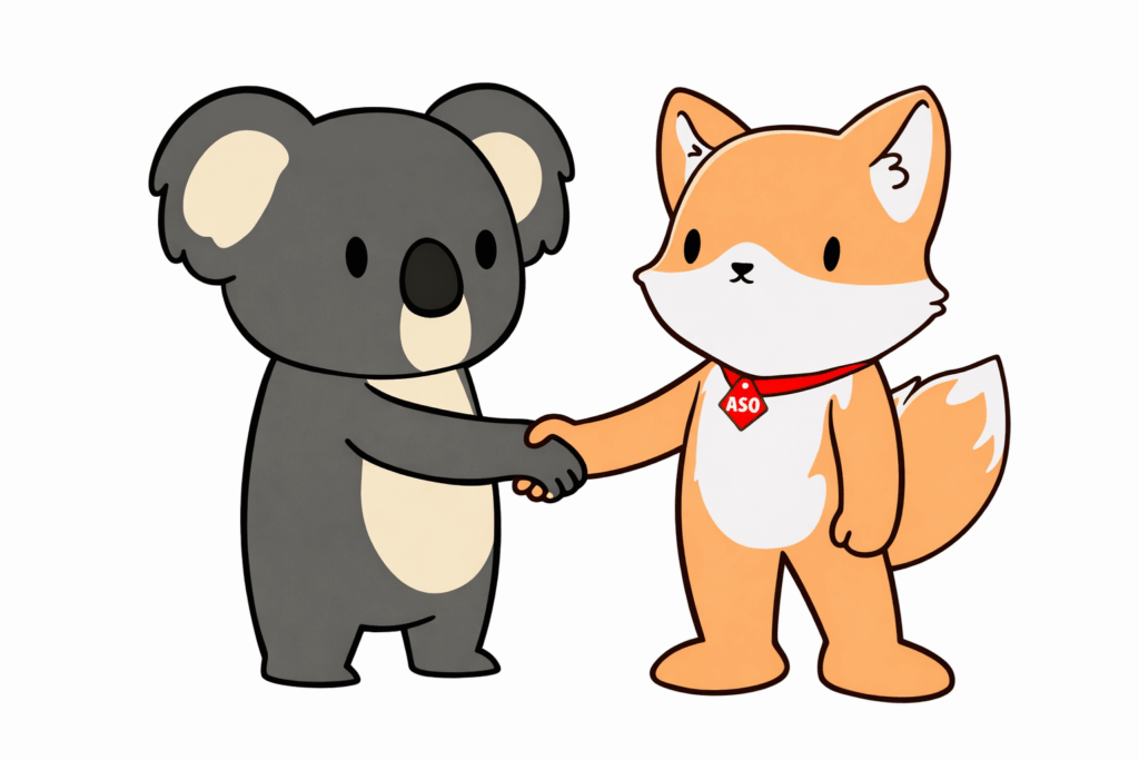 Ein Koala und ein Fuchs mit einem "ASO"-Halsband schütteln sich die Hände, symbolisieren App Store Optimierung.
