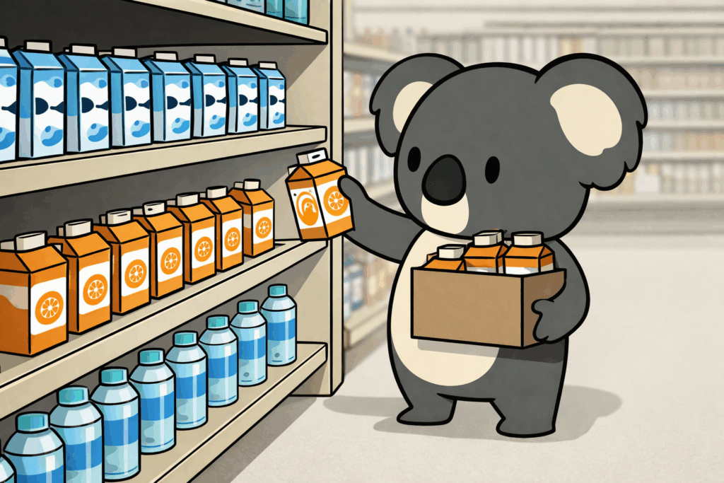 Ein Koala im Einzelhandel sortiert spielerisch Saftpackungen, was an kreative App Store Optimierung erinnert.