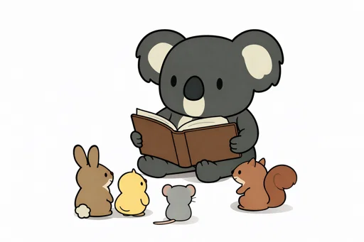 Ein niedlicher Koala liest einer Gruppe von Tieren eine Geschichte vor, was an App Store Optimierung erinnert.